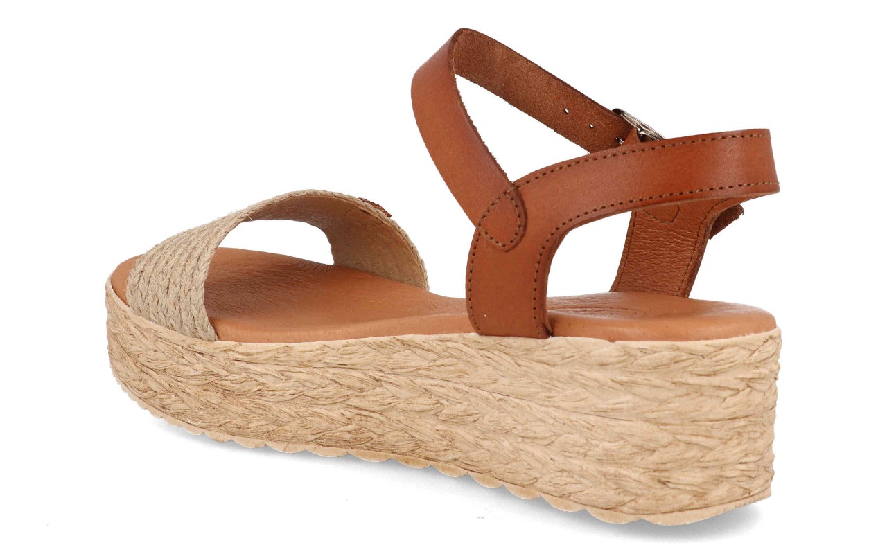 Sandalia de plataforma para mujer modelo 225 con banda ancha de yute trenzado y tira de tobillo en piel color marrón.