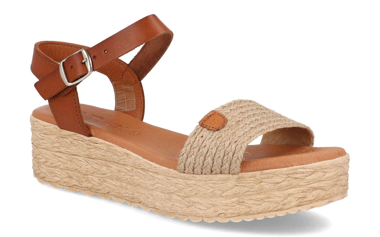 Sandalia de plataforma para mujer modelo 225 con banda ancha de yute trenzado y tira de tobillo en piel color marrón.