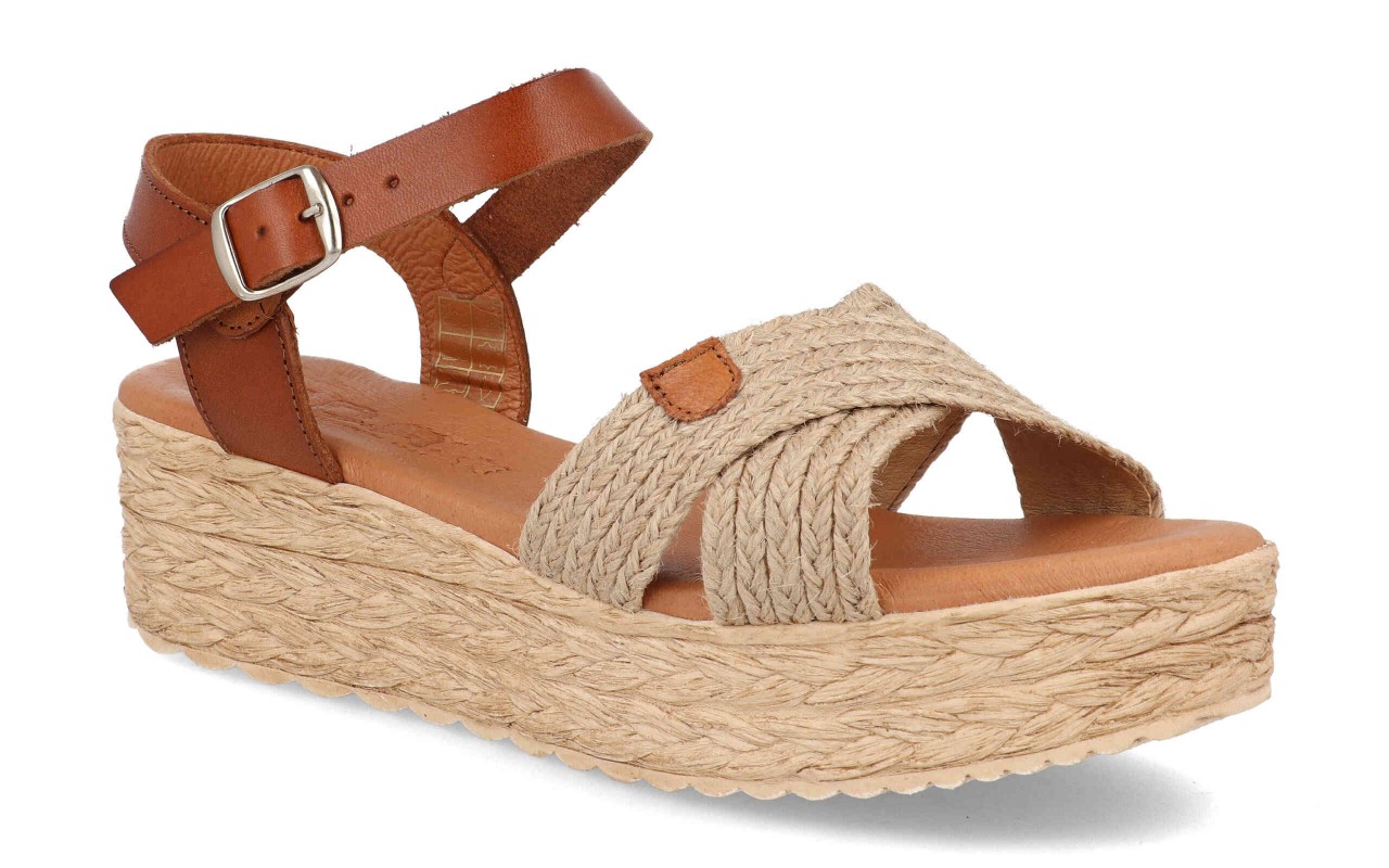 Sandalia de plataforma para mujer modelo 226 con palas de yute trenzado cruzadas y tira de tobillo en piel color marrón.