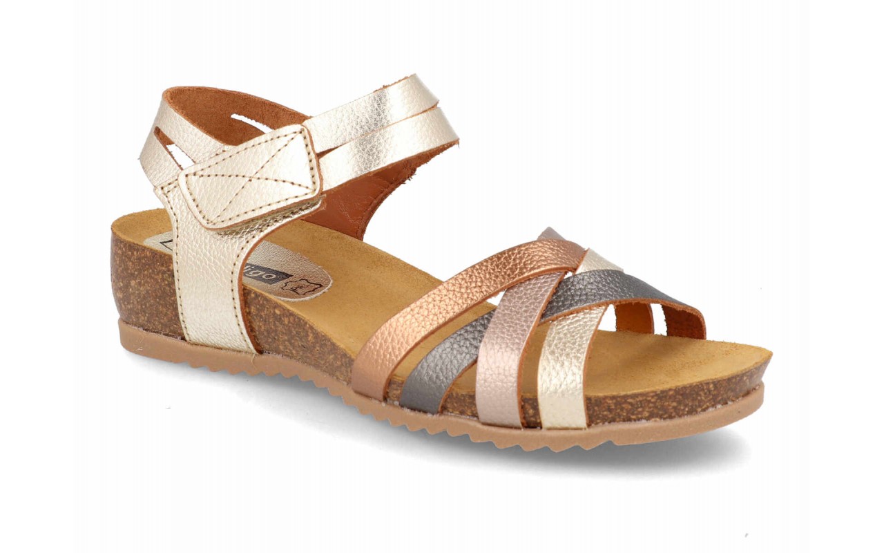 Sandalias bio para mujer marca Digo Digo modelo 2776 con tiras cruzadas de piel en colores marrón cuero, platino metalizado y combinación rojo/marino.