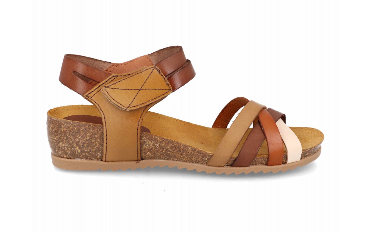 Sandalias bio para mujer marca Digo Digo modelo 2776 con tiras cruzadas de piel en colores marrón cuero, platino metalizado y combinación rojo/marino.