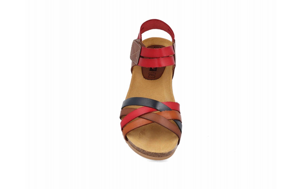 Sandalias bio para mujer marca Digo Digo modelo 2776 con tiras cruzadas de piel en colores marrón cuero, platino metalizado y combinación rojo/marino.