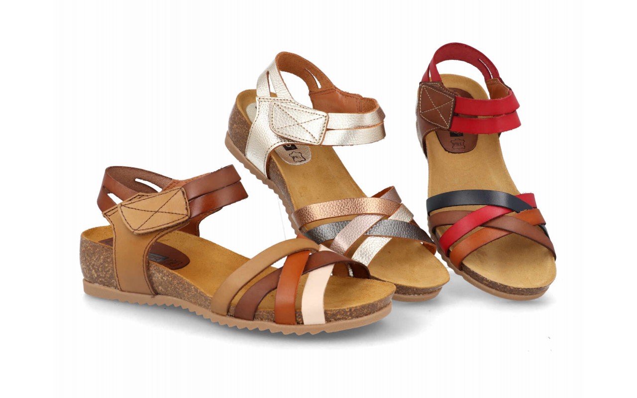 Sandalias bio para mujer marca Digo Digo modelo 2776 con tiras cruzadas de piel en colores marrón cuero, platino metalizado y combinación rojo/marino.