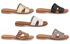 Cinco variantes de la sandalia plana de piel modelo 3053G con pala en forma de H, incluyendo acabados metalizados, lisos, animal print de leopardo y glitter brillante.