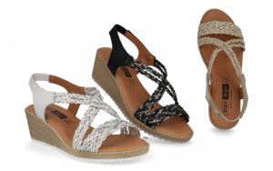 Sandalias de cuña para mujer marca Digo Digo modelo 3323 con tiras trenzadas en colores blanco/plata, negro/antracita y platino.