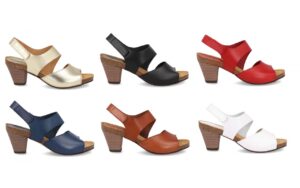 Colección de sandalias de tacón para mujer modelo 74381 en seis colores con planta de corcho y tacón texturizado.