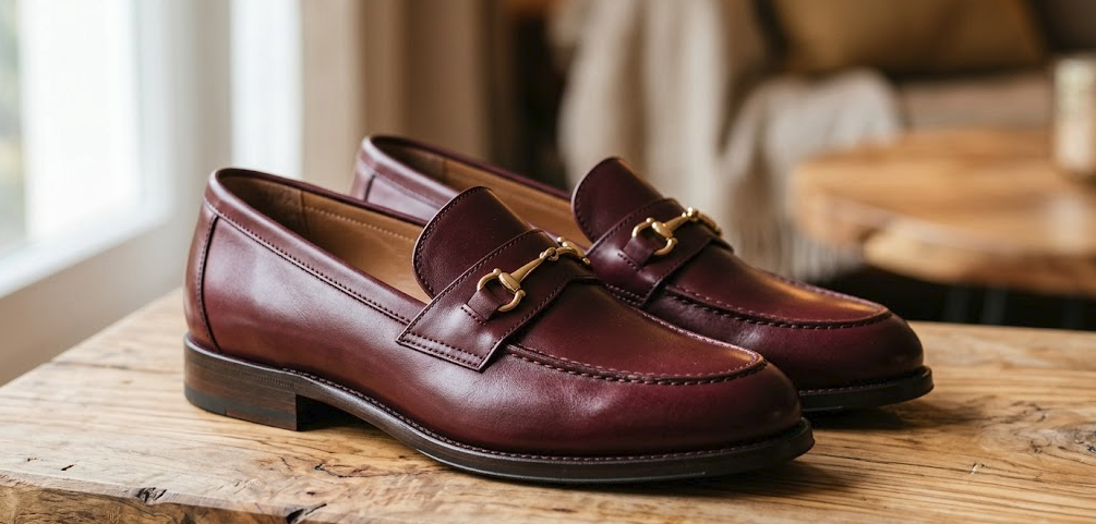 Mocasines de piel para mujer en color burdeos de fabricación artesanal española sobre mesa de madera rústica, destacando la calidad del cuero y el diseño clásico.